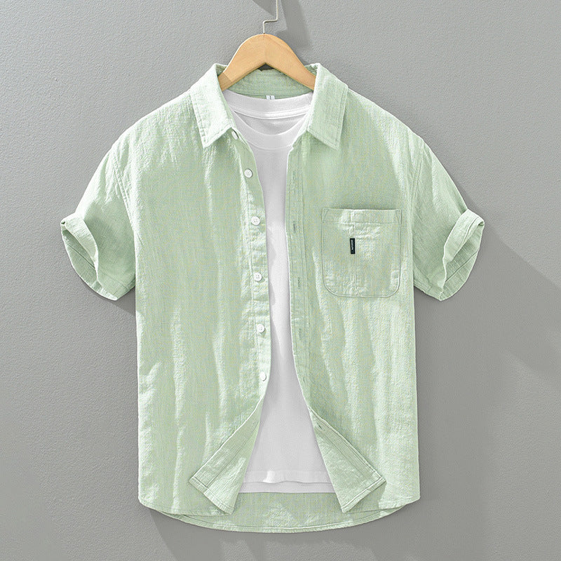 Solid Cotton And Linen Short Sleeve Shirt