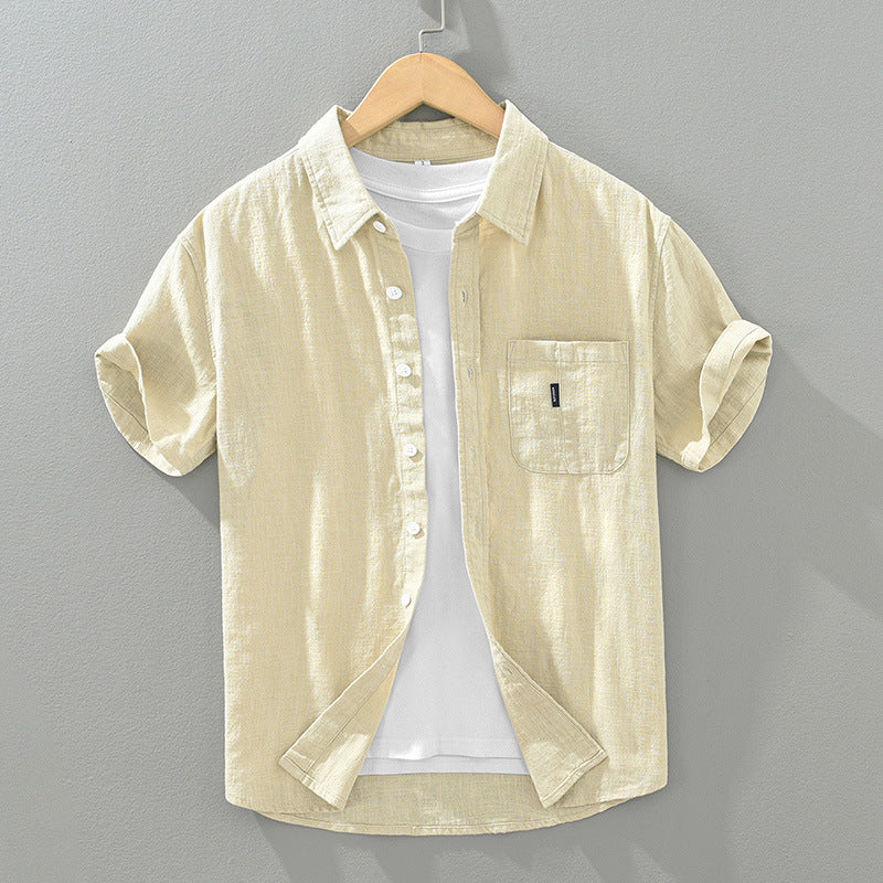 Solid Cotton And Linen Short Sleeve Shirt