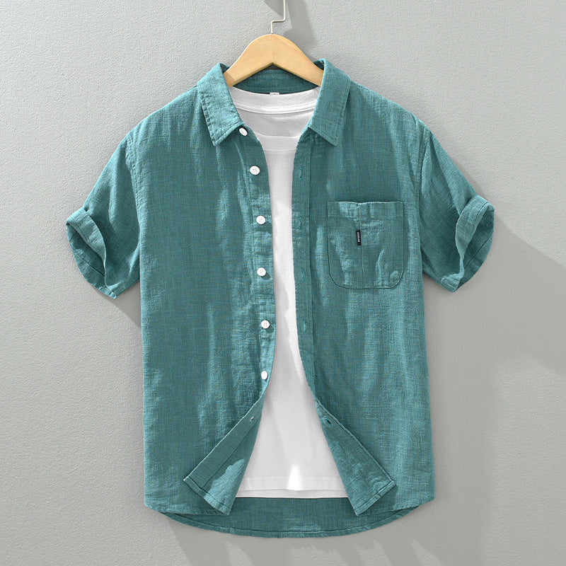 Solid Cotton And Linen Short Sleeve Shirt
