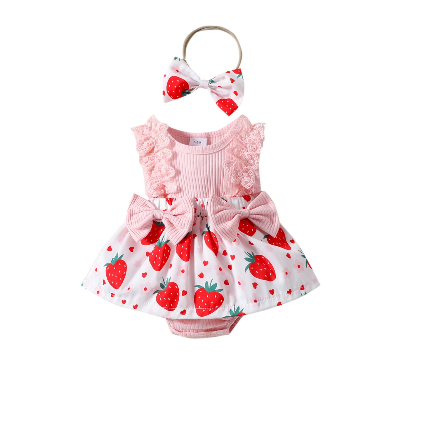 Sleeveless Infant Strawberry Print Bow Romper