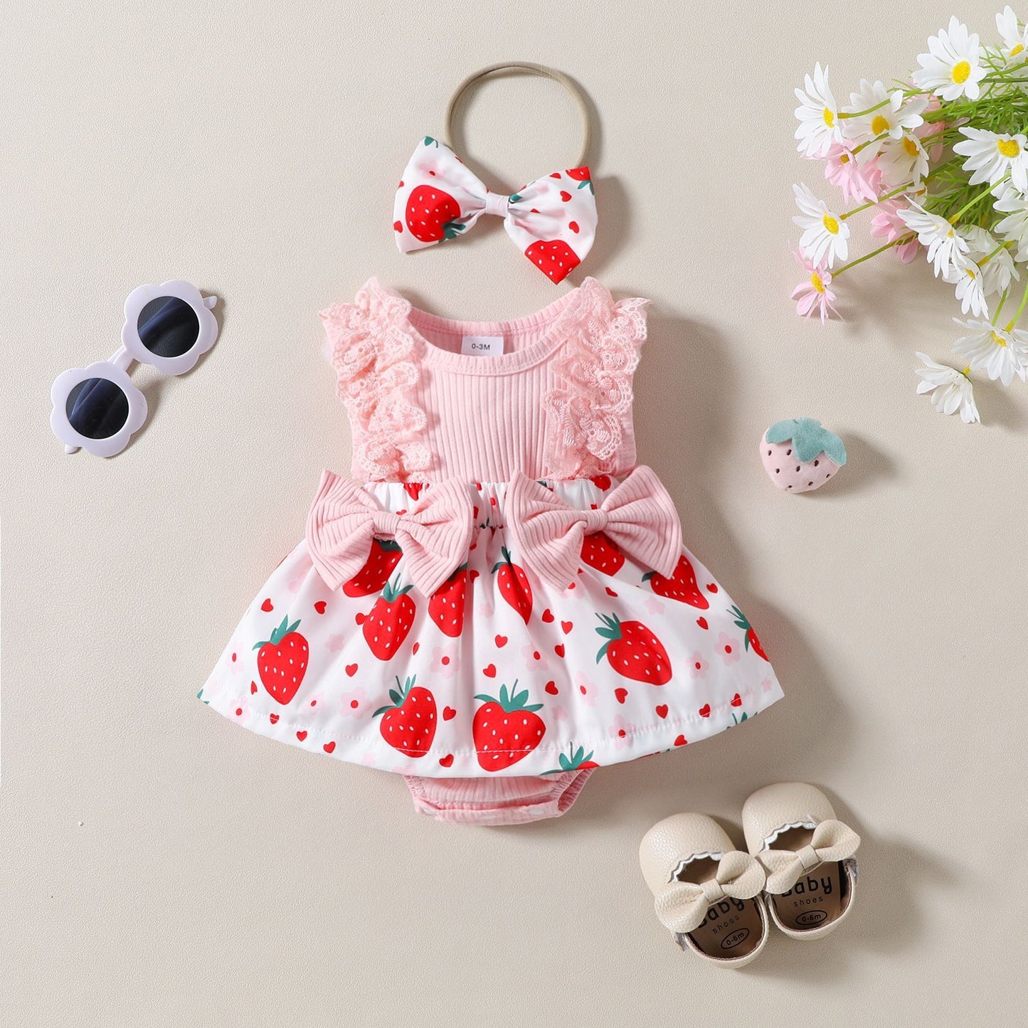 Sleeveless Infant Strawberry Print Bow Romper