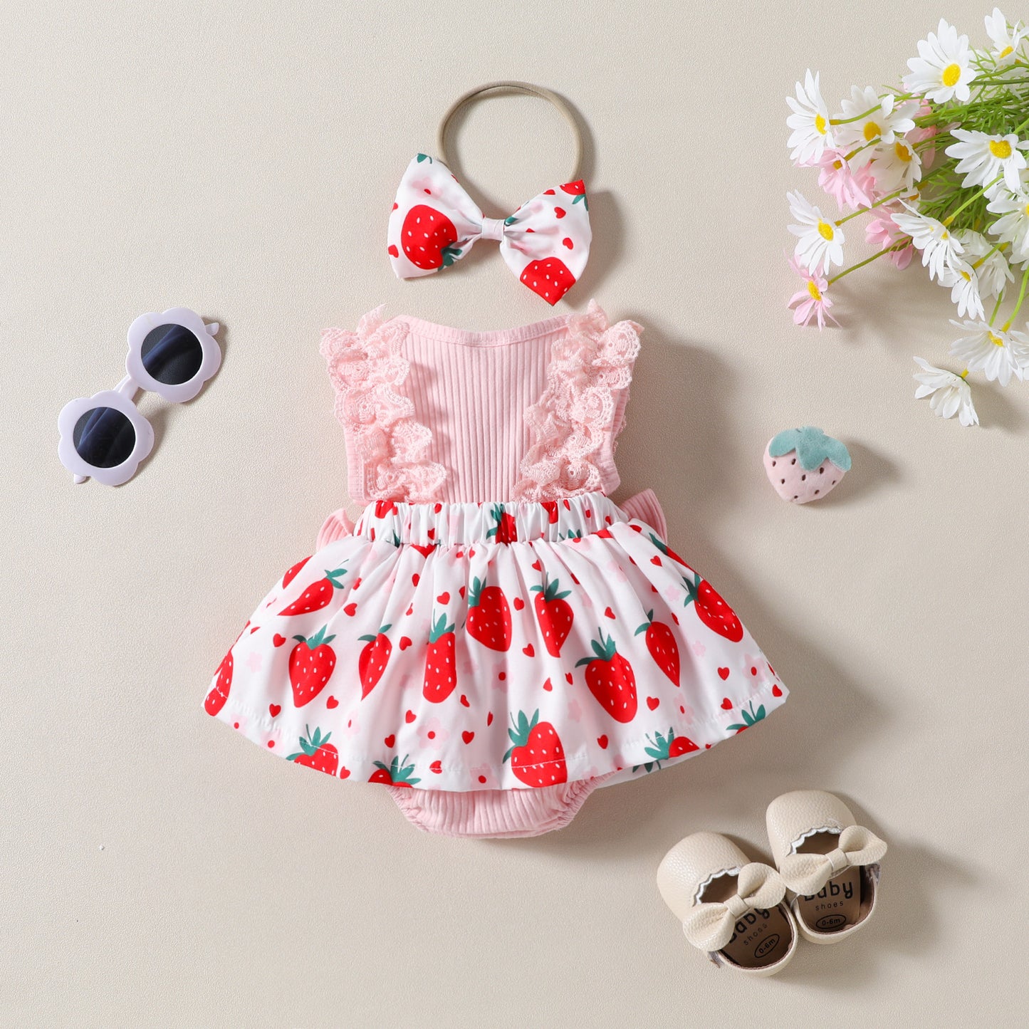 Sleeveless Infant Strawberry Print Bow Romper