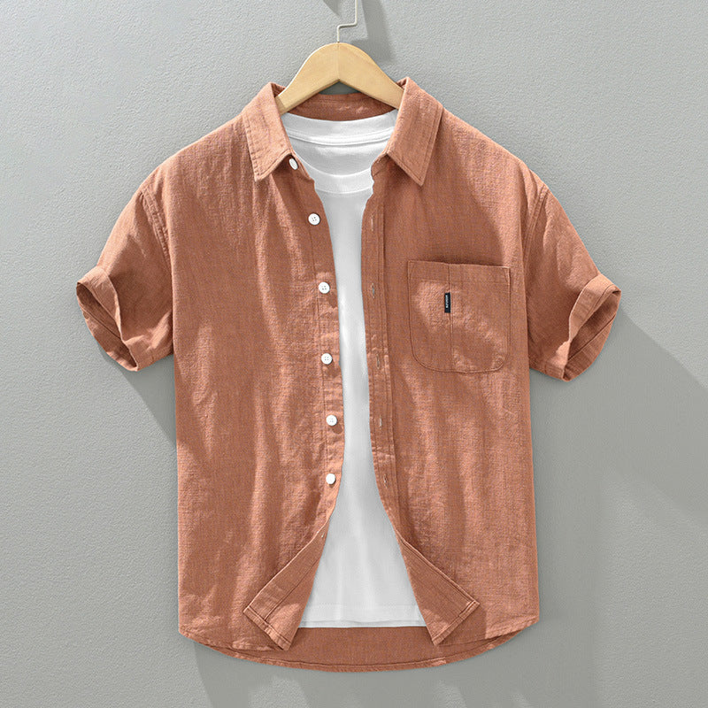 Solid Cotton And Linen Short Sleeve Shirt