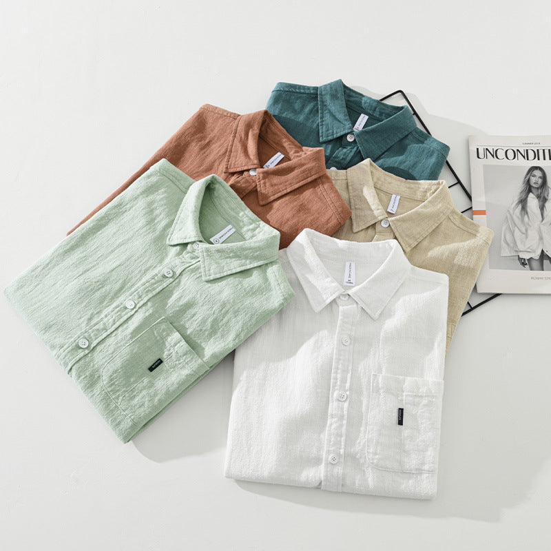 Solid Cotton And Linen Short Sleeve Shirt