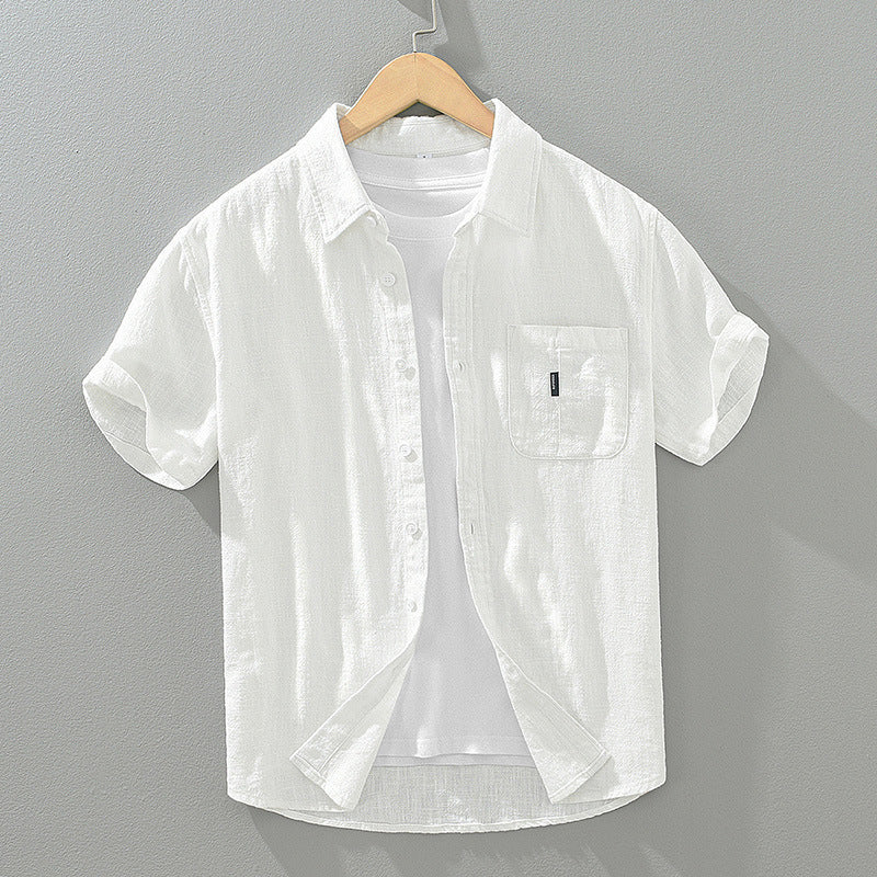 Solid Cotton And Linen Short Sleeve Shirt